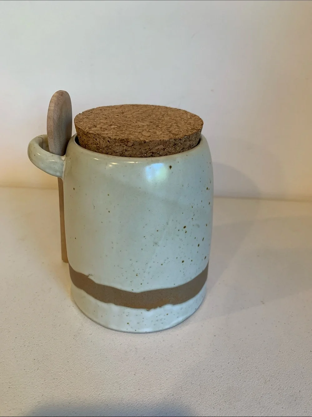NEW Hand Painted Speckled Stoneware Jar Green Trees Cork Lid and Wooden Spoon